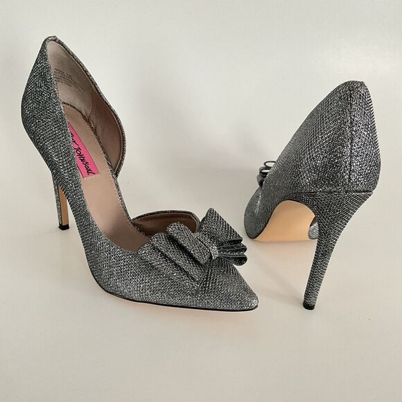Betsey Johnson Heels 8.5M Pewter Prince Glitter Point-toe D’orsay Bow Stiletto - Picture 3 of 13